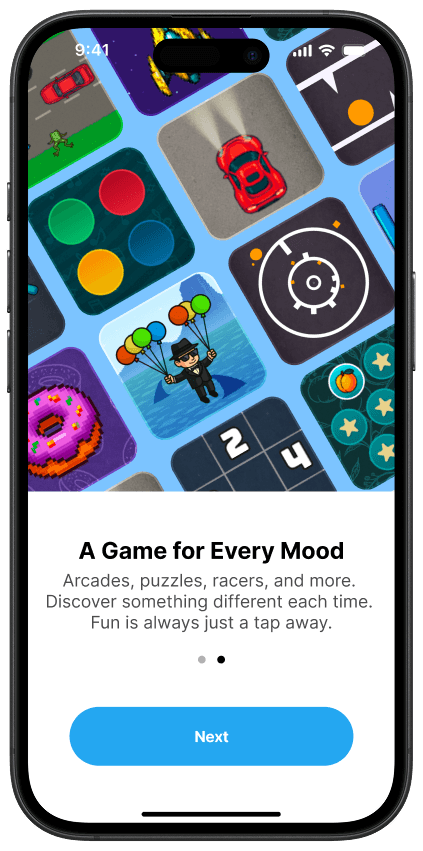 Onboarding screen: A Game for Every Mood