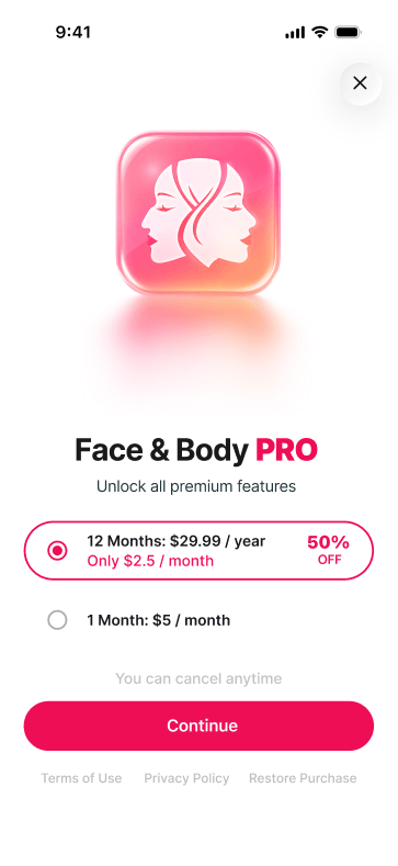 Face & Body paywall offer screen