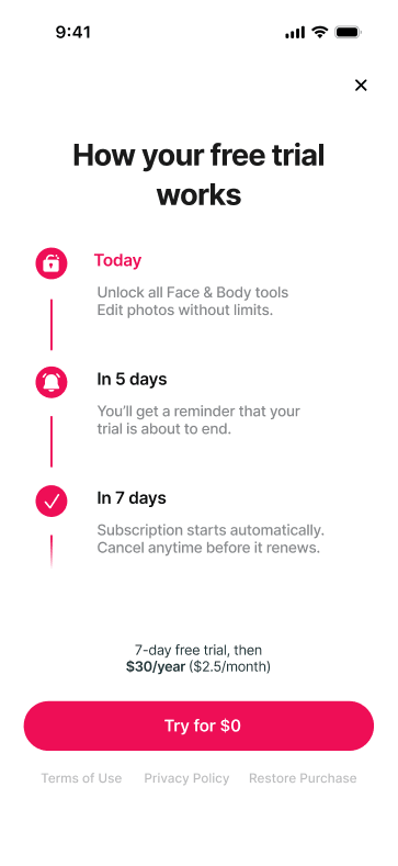 Face & Body free trial steps screen